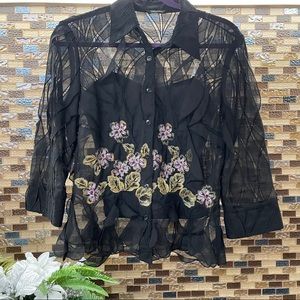 SAMUEL DONG Sheer Floral Embroidery Top Medium